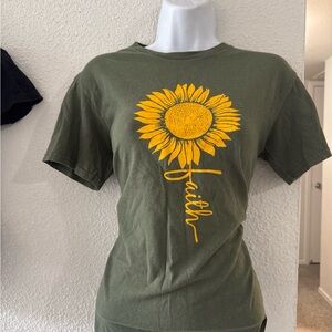 Olive Green Tee with Sunflower and Faith Graphic